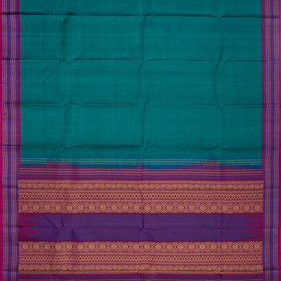 Cyan Handloom Kanchi Cotton Saree With Stripes & Contrast Border