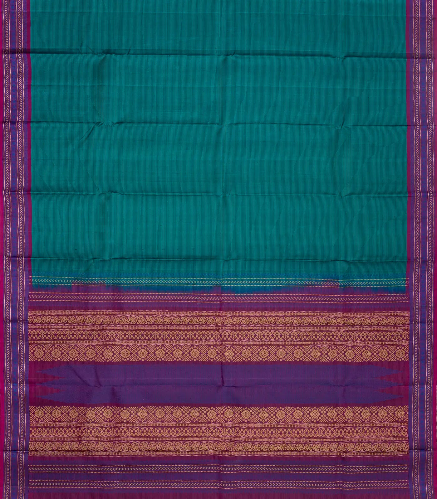 Cyan Handloom Kanchi Cotton Saree With Stripes & Contrast Border