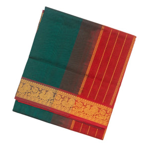 Teal Handloom Silk Cotton Saree With Contrast Red Border