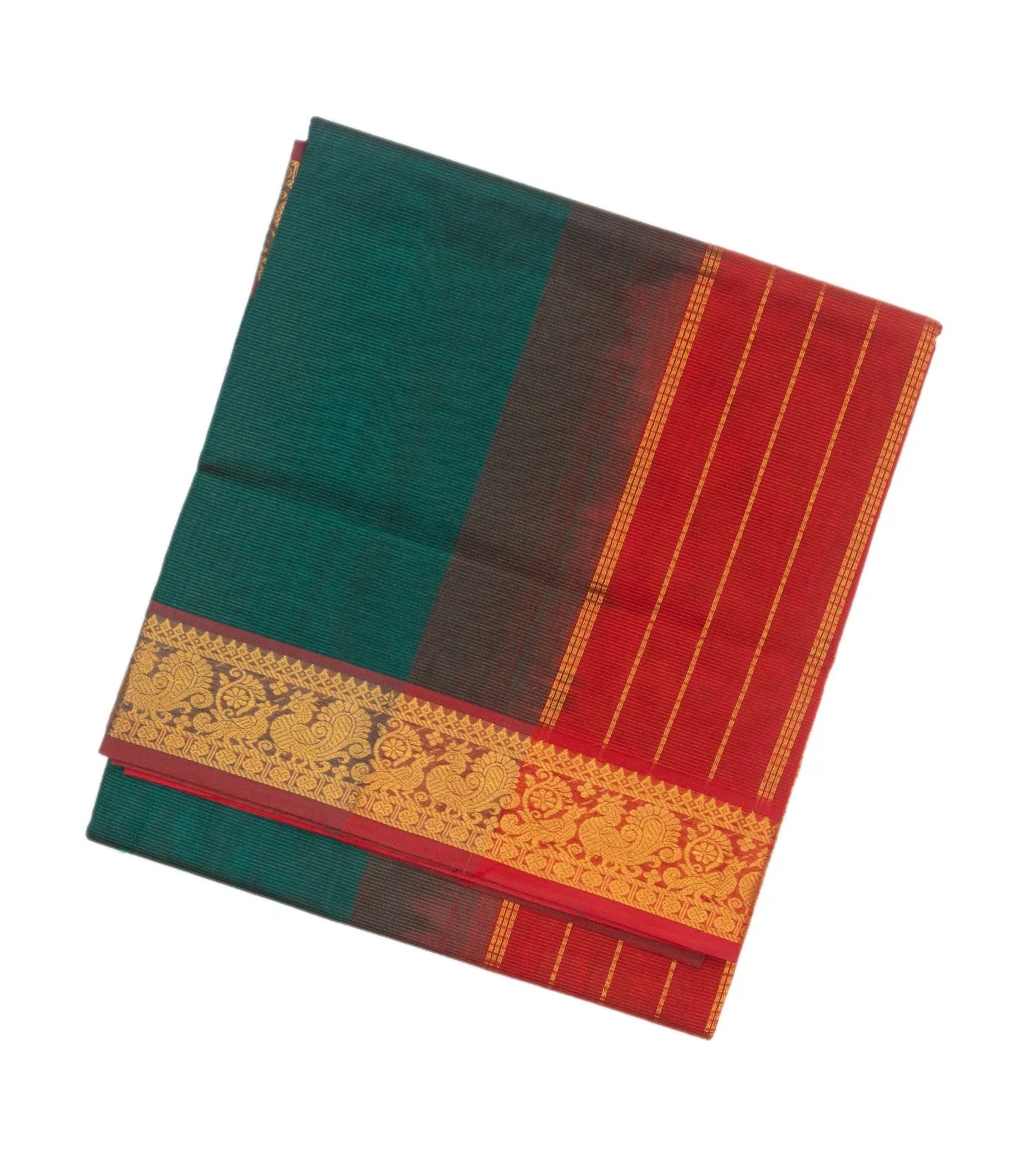 Teal Handloom Silk Cotton Saree With Contrast Red Border