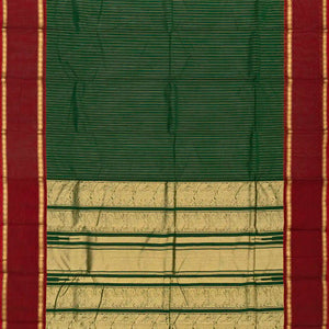Dark Green Handloom Kanchi Cotton Saree With Zari Stirpes & Maroon Border