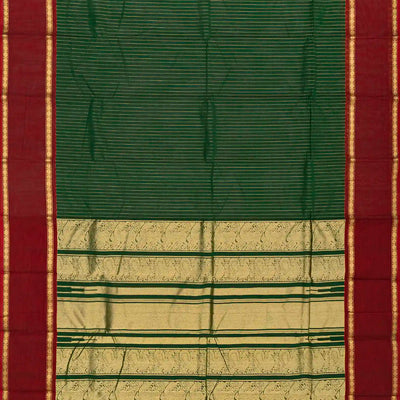 Dark Green Handloom Kanchi Cotton Saree With Zari Stirpes & Maroon Border