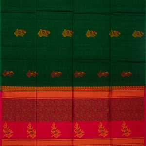 Bottle Green Handloom Kora Silk Cotton Saree With Buttas & Pink Pallu