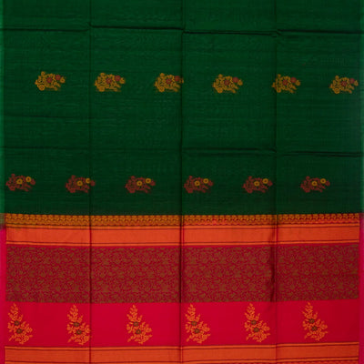 Bottle Green Handloom Kora Silk Cotton Saree With Buttas & Pink Pallu