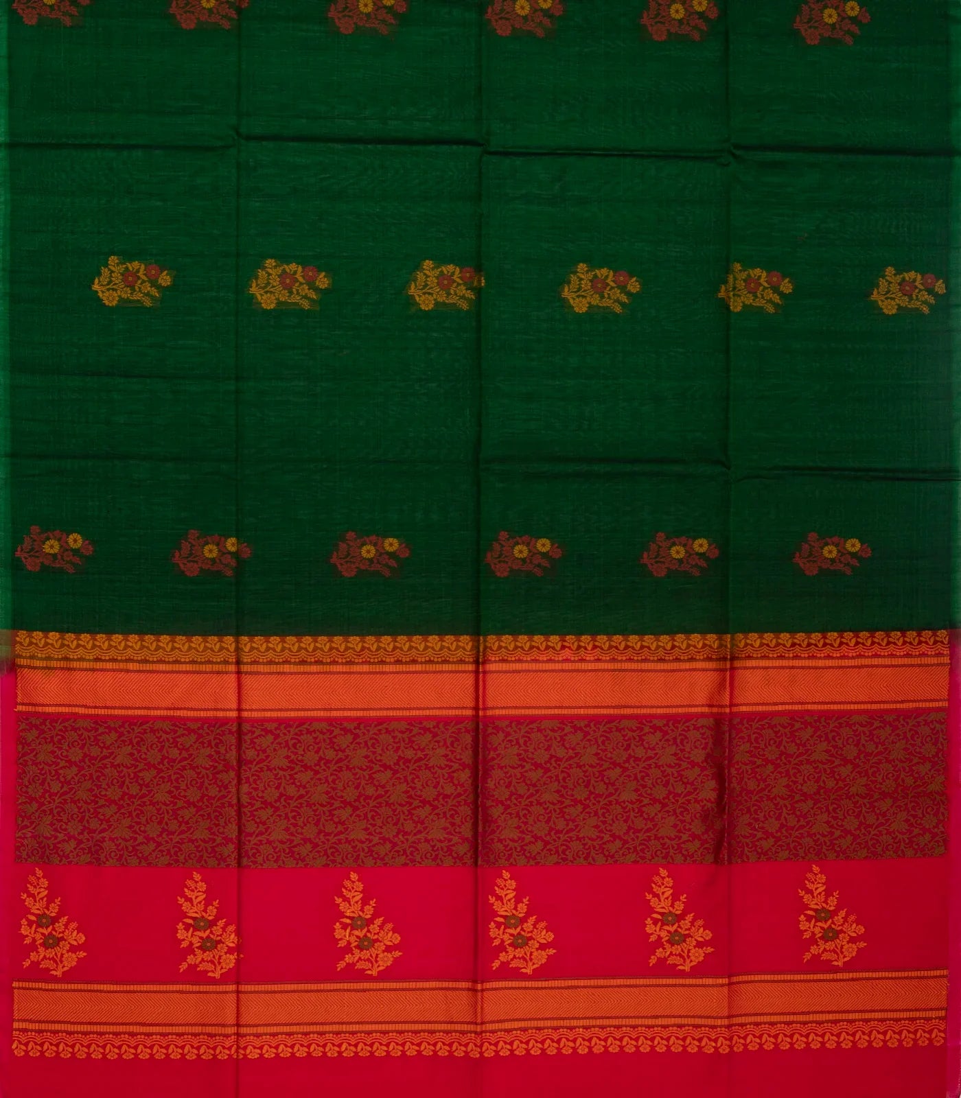 Bottle Green Handloom Kora Silk Cotton Saree With Buttas & Pink Pallu