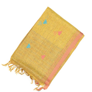 Gold Handloom Linen Saree With Temple Buttas