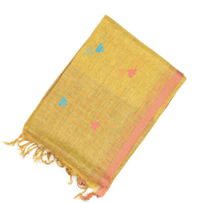 Gold Handloom Linen Saree With Temple Buttas