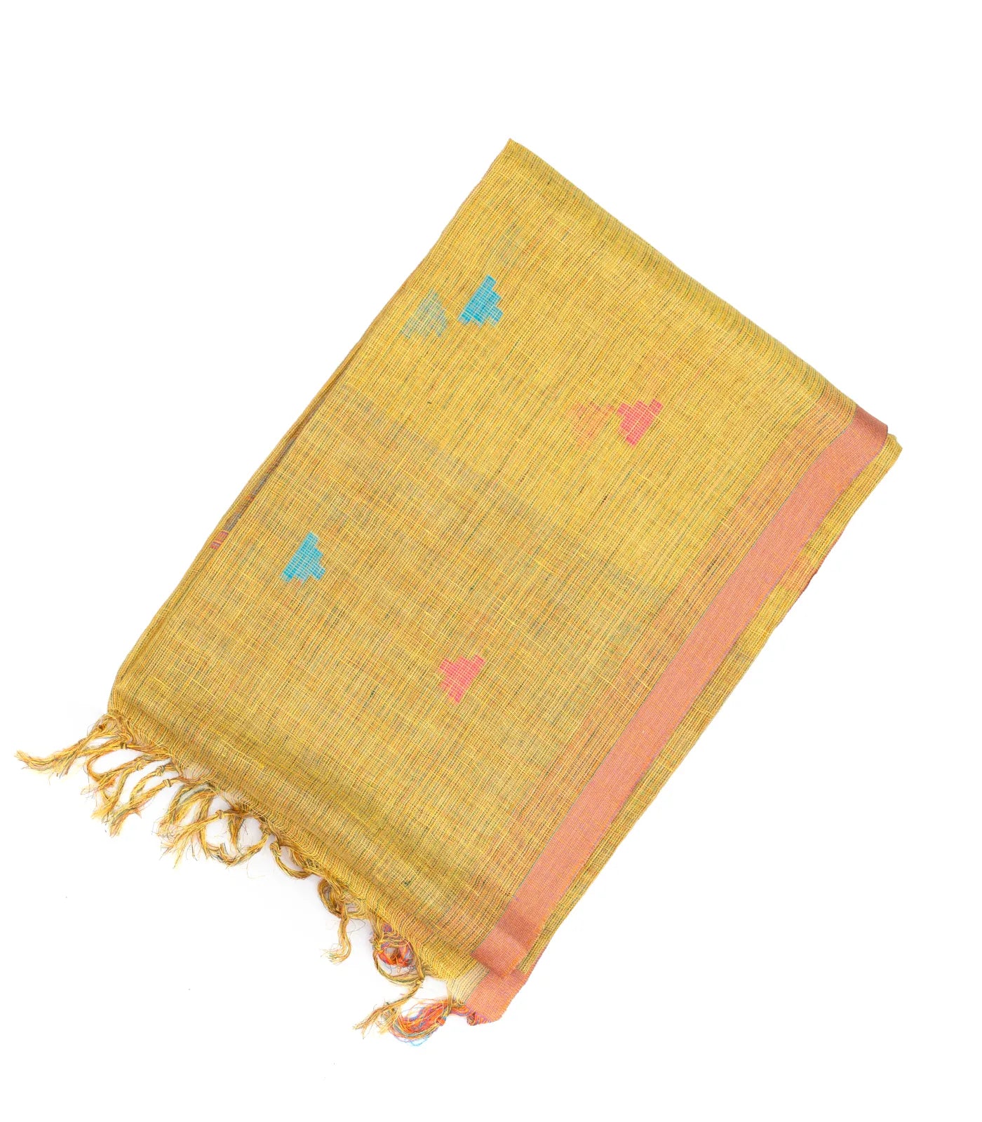 Gold Handloom Linen Saree With Temple Buttas