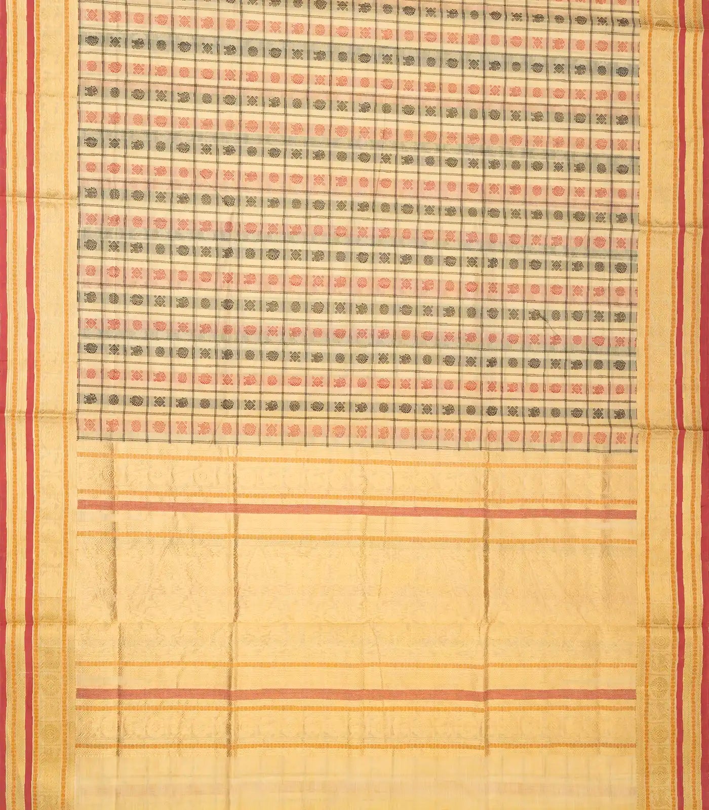 Cream Handloom Silk Cotton Saree With Checks & Yazhi Motifs