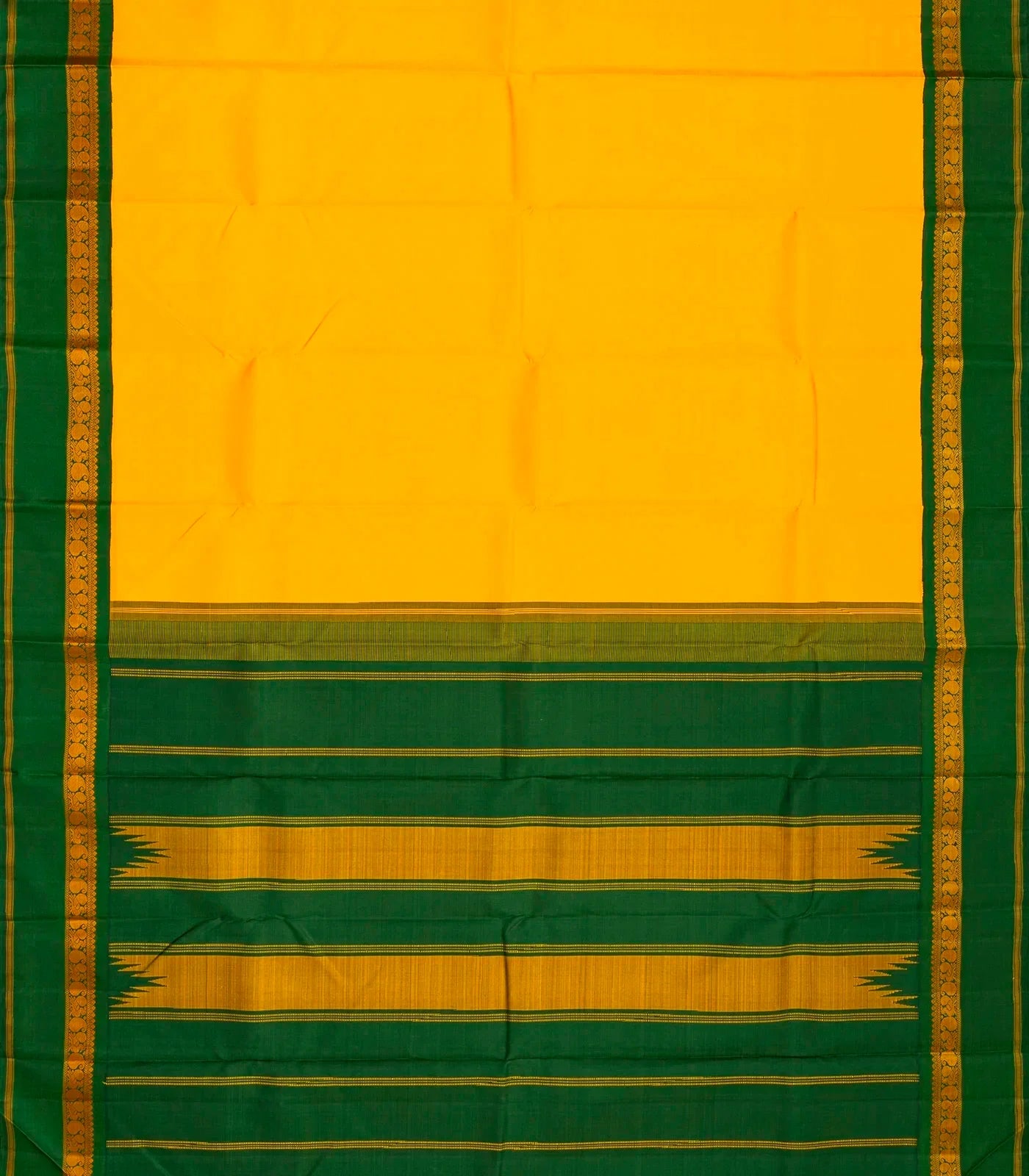 Yellow Handloom Kanchipuram Korvai Silk Saree With Green Border