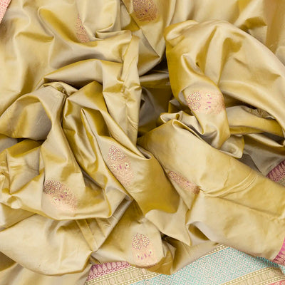 Taupe Handloom Banarasi Silk Saree With Meena Floral Buttas