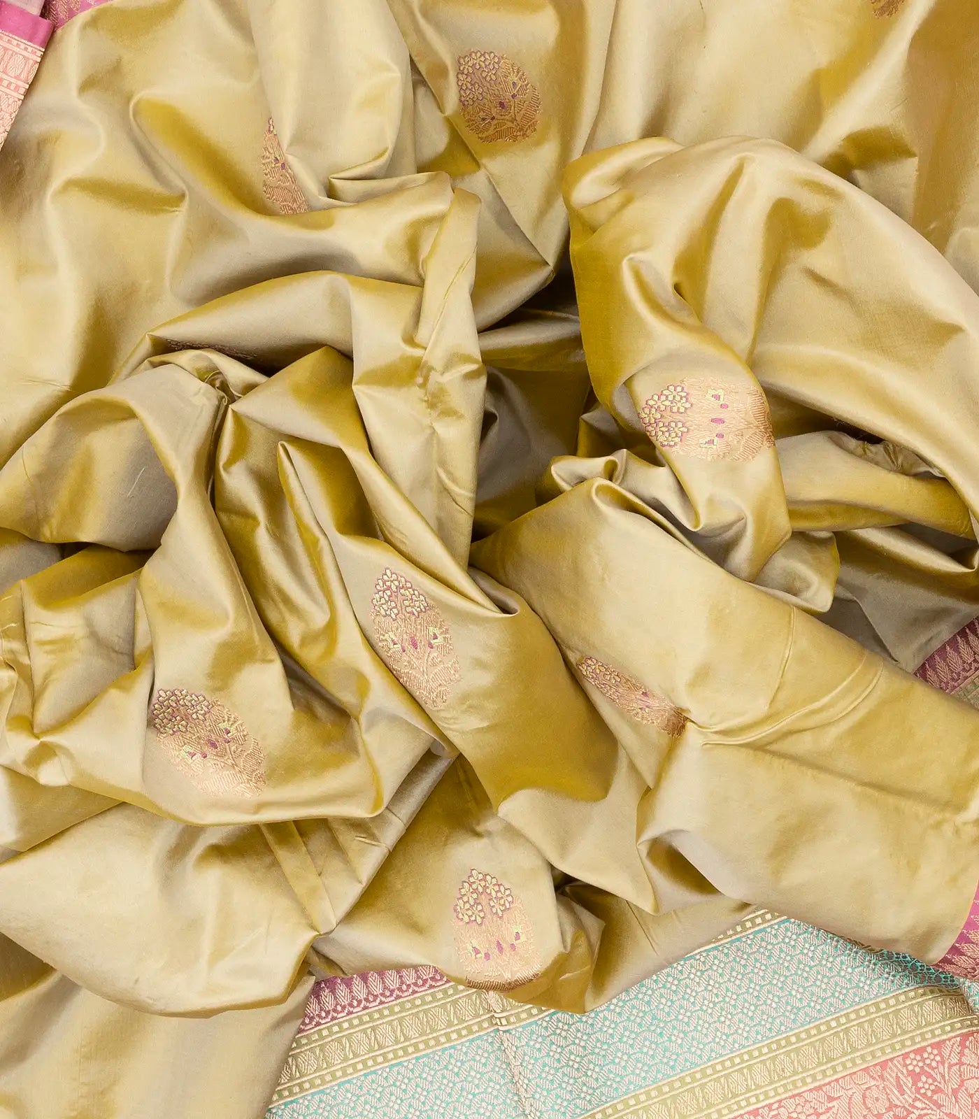 Taupe Handloom Banarasi Silk Saree With Meena Floral Buttas