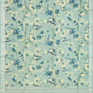 Steel Blue Handloom Tussar Silk Saree Printed With Floral Motifs & Zari Border