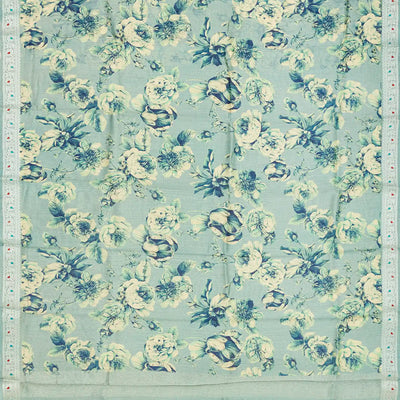 Steel Blue Handloom Tussar Silk Saree Printed With Floral Motifs & Zari Border
