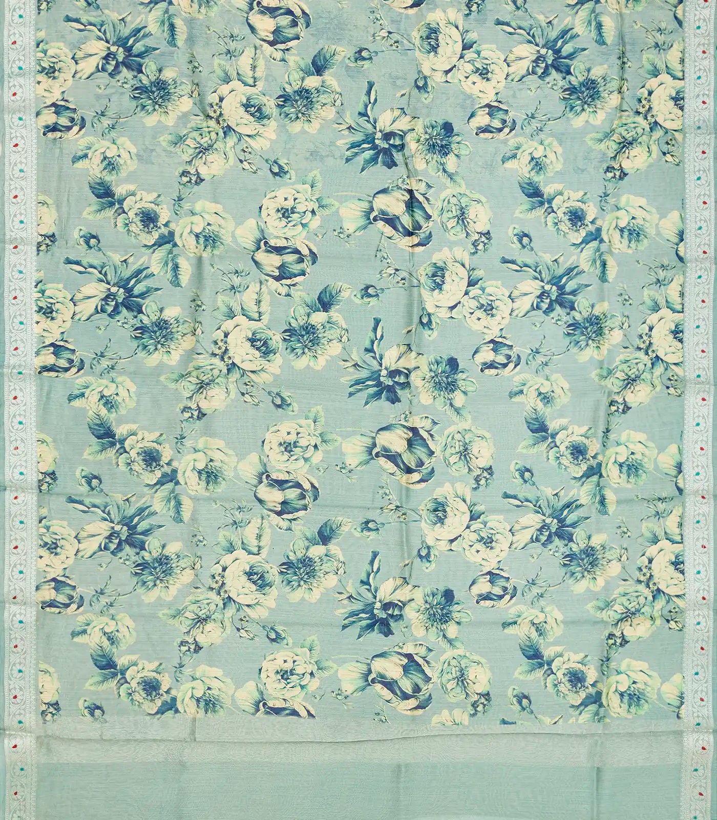 Steel Blue Handloom Tussar Silk Saree Printed With Floral Motifs & Zari Border