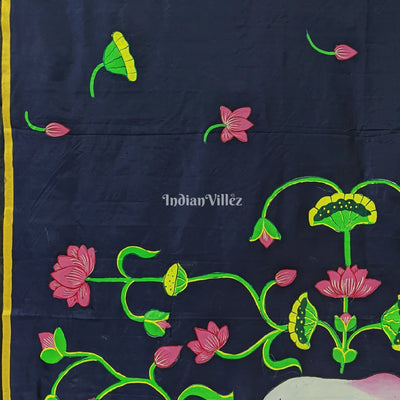 Hand Painted Pichwai Art on Blue Mulberry Silk Saree