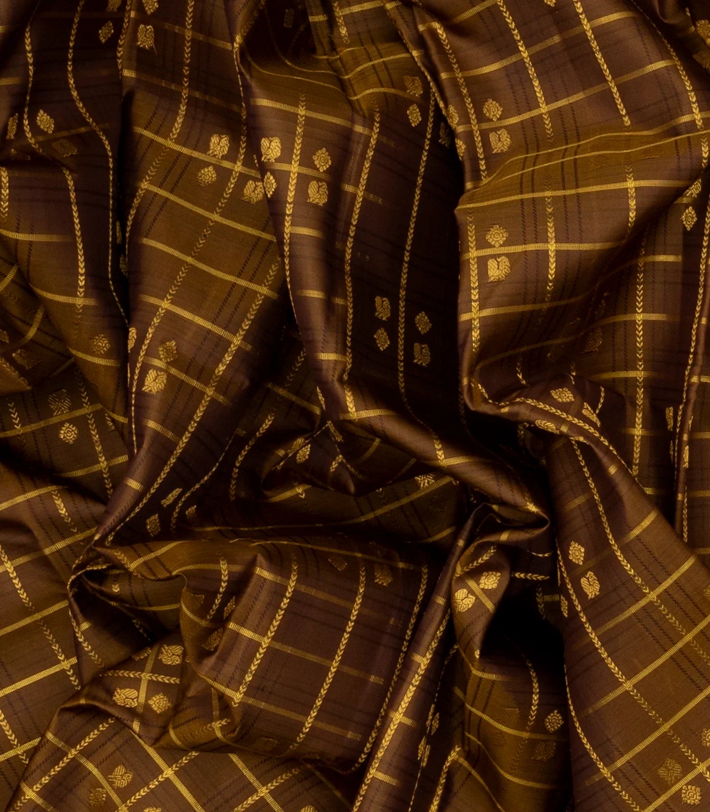 Dark Olive Handloom Kanchipuram Silk Saree With Checks & Buttas