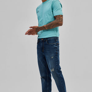Dark Blue Distressed Slim Fit Jeans