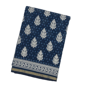 Navy Blue Woven Jaipur Cotton Saree With Printed Cream Floral Motifs