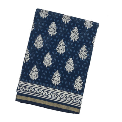 Navy Blue Woven Jaipur Cotton Saree With Printed Cream Floral Motifs