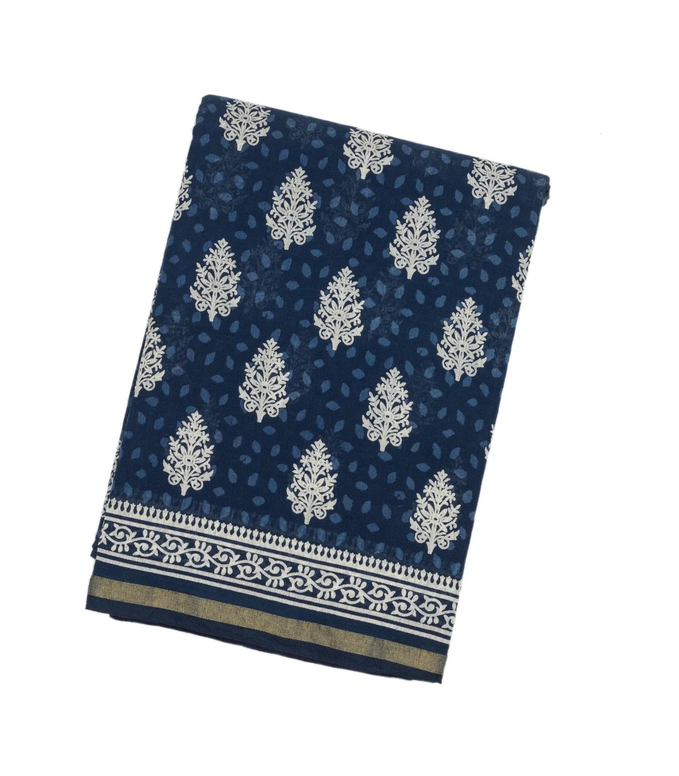 Navy Blue Woven Jaipur Cotton Saree With Printed Cream Floral Motifs