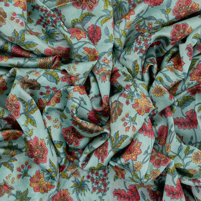 Light Blue Handloom Chanderi Cotton Saree With Printed Floral Motifs