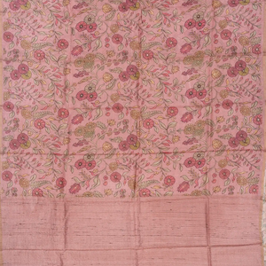 Dusty Pink Handloom Tussar Silk Saree Printed With Floral Vine Motifs