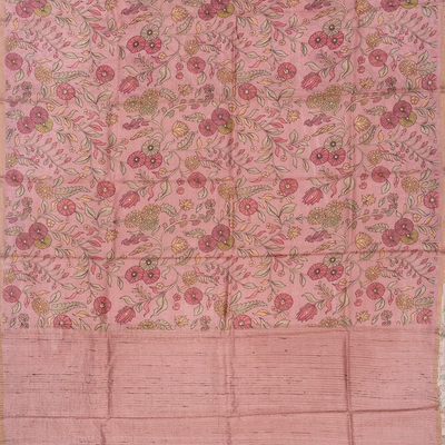 Dusty Pink Handloom Tussar Silk Saree Printed With Floral Vine Motifs