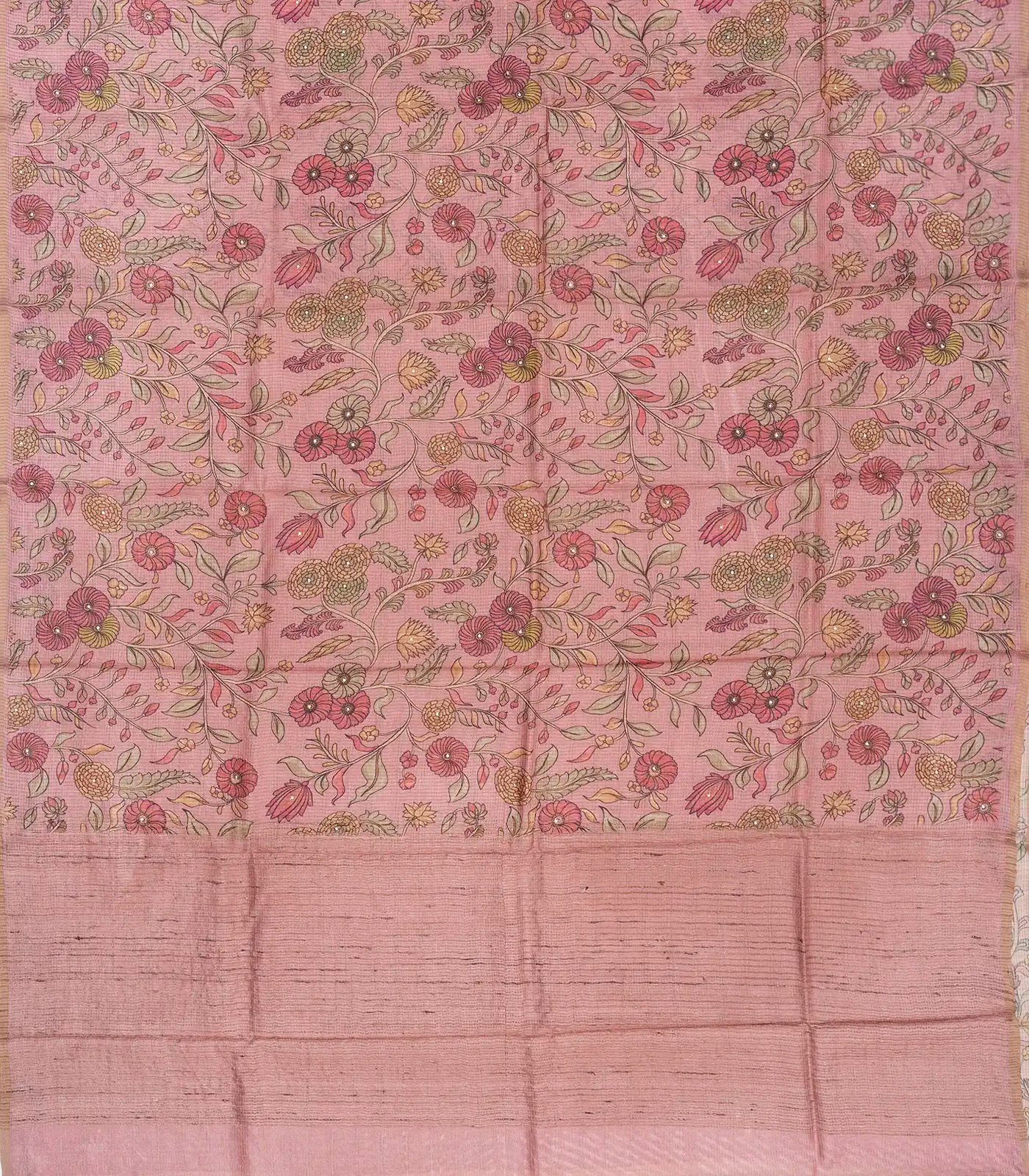 Dusty Pink Handloom Tussar Silk Saree Printed With Floral Vine Motifs