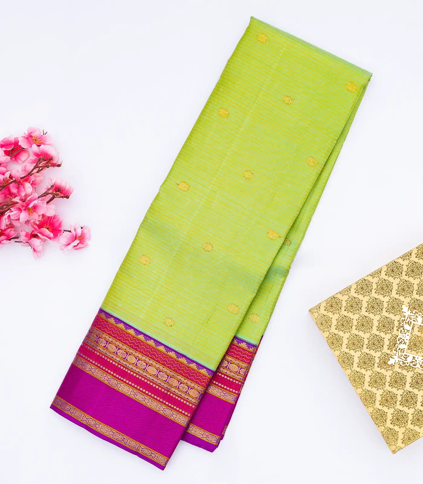 Cardamom Green Handloom Kanchipuram Korvai Silk Saree With Zari Stripes & Buttas