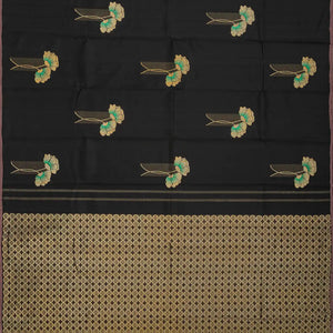 Black Handloom Kanchipuram Silk Saree With Floral Buttas