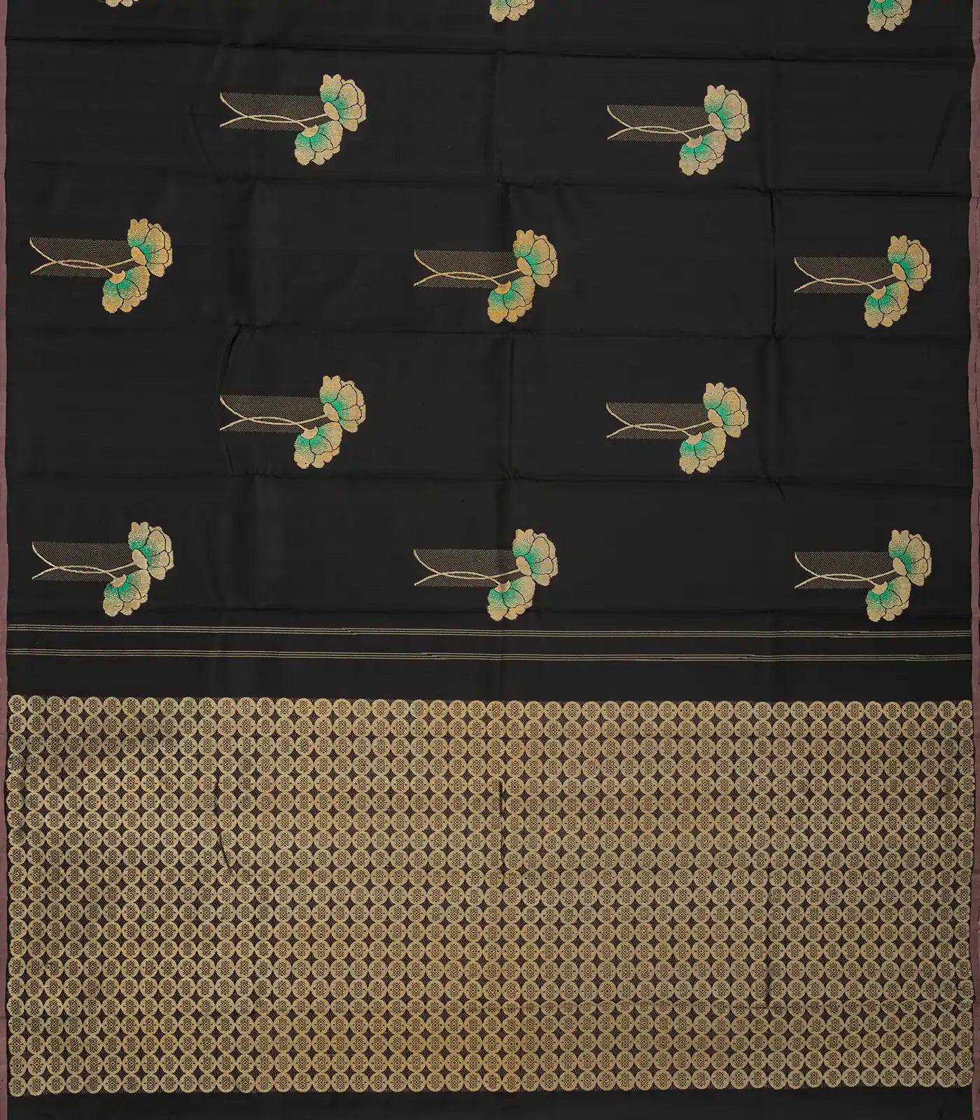 Black Handloom Kanchipuram Silk Saree With Floral Buttas