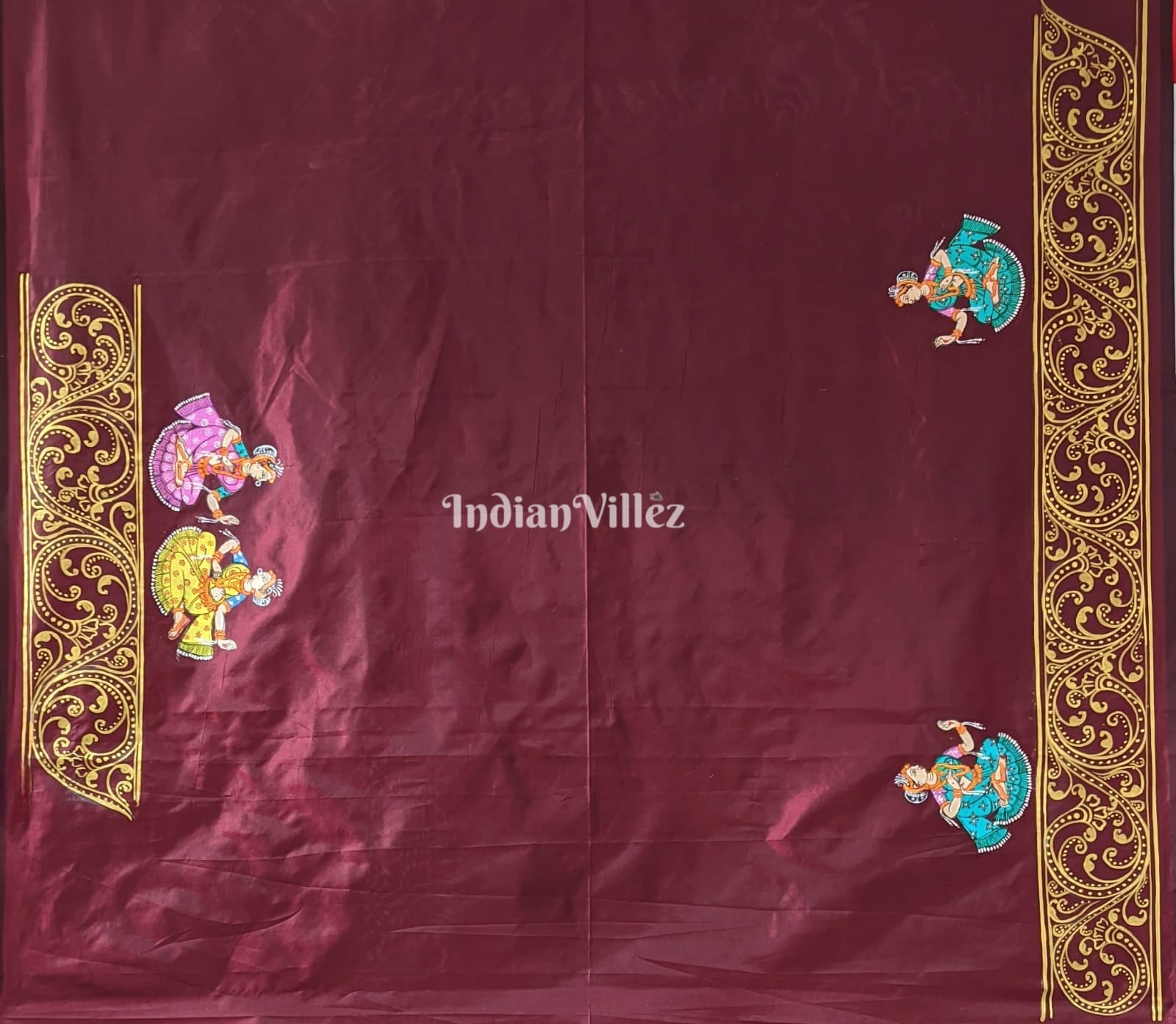 Maroon Kandarpa Rath Hand-painted Pattachitra Saree