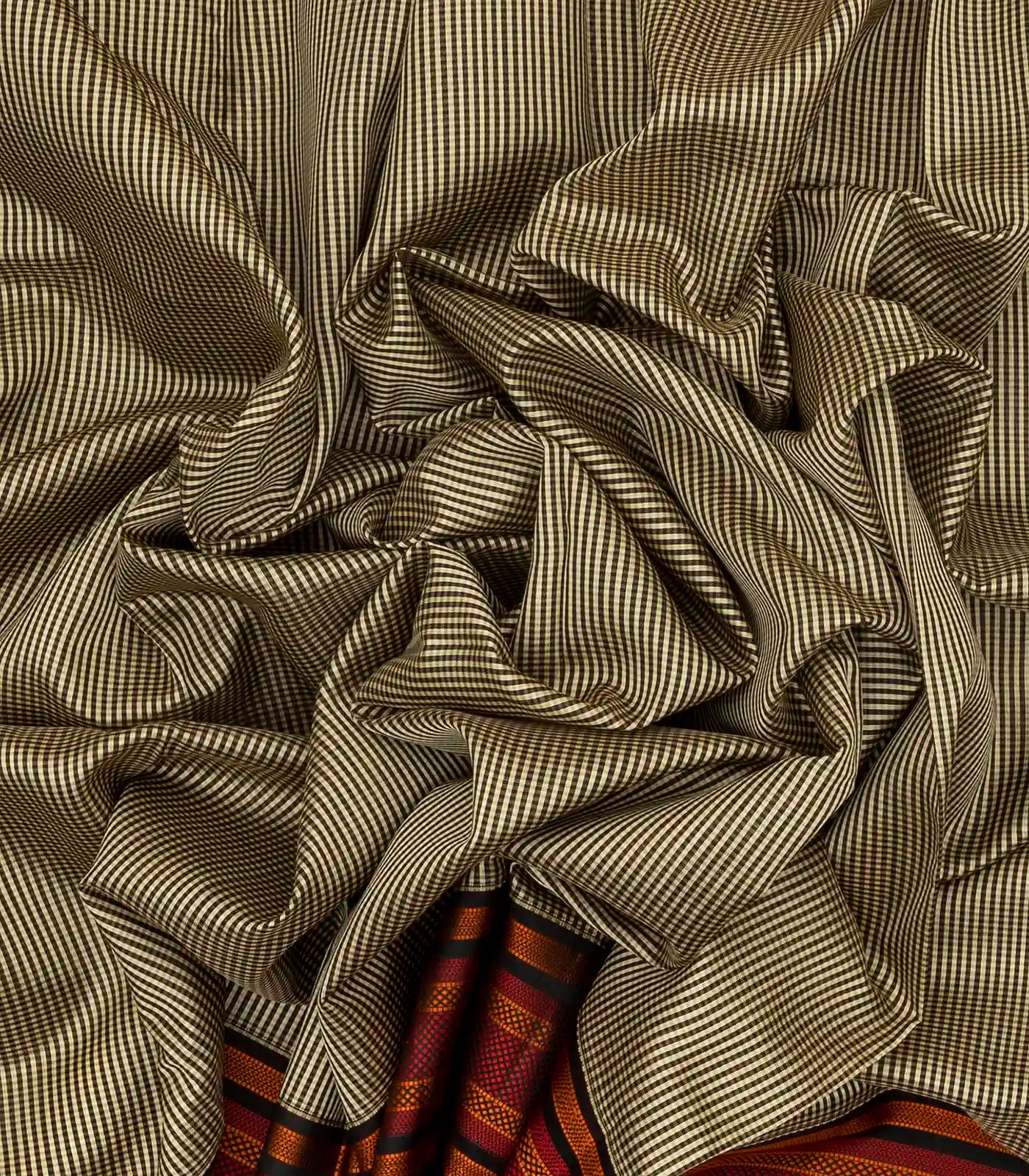 Black Handloom Kora Silk Saree With Checks & Thread Work Border