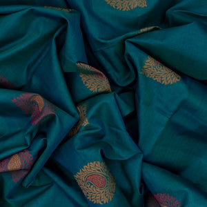 Cyan Handloom Kora Silk Cotton Saree With Floral Motifs