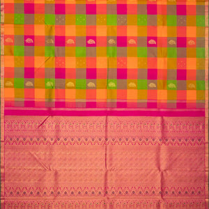 Multi Color Handloom Kanchipuram Silk Saree With Checks & Buttas