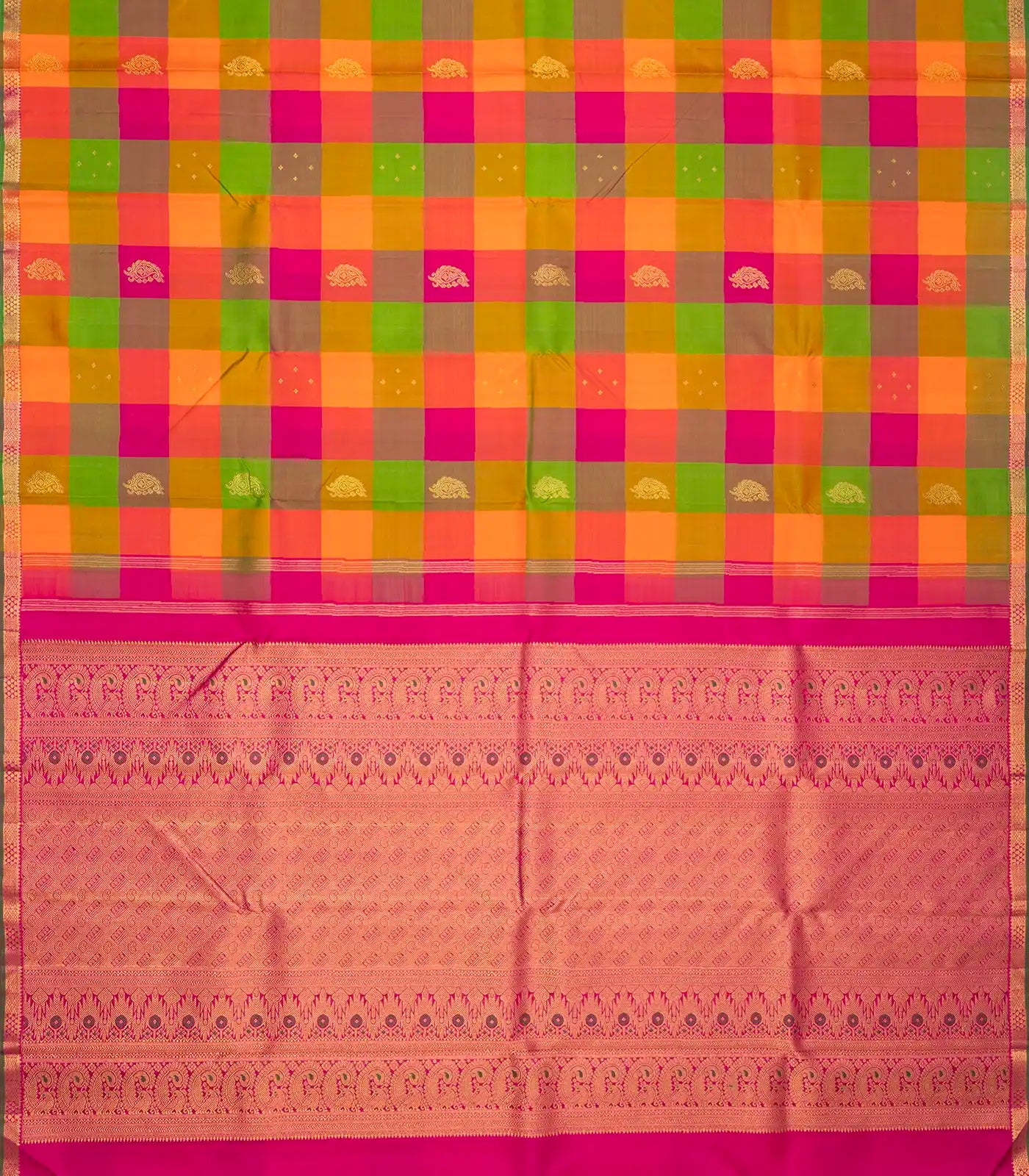 Multi Color Handloom Kanchipuram Silk Saree With Checks & Buttas