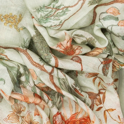 Off White Handloom Linen Saree With Printed Bird Motifs