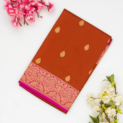 Rust Handloom Banarasi Silk Saree With Floral Buttas
