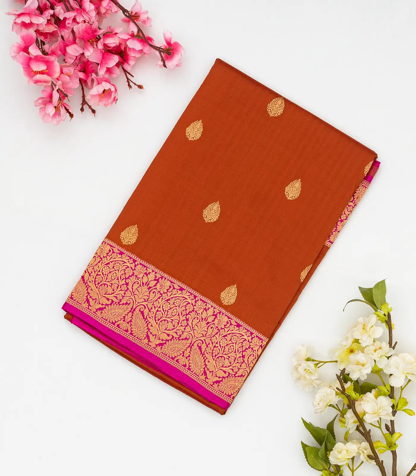 Rust Handloom Banarasi Silk Saree With Floral Buttas