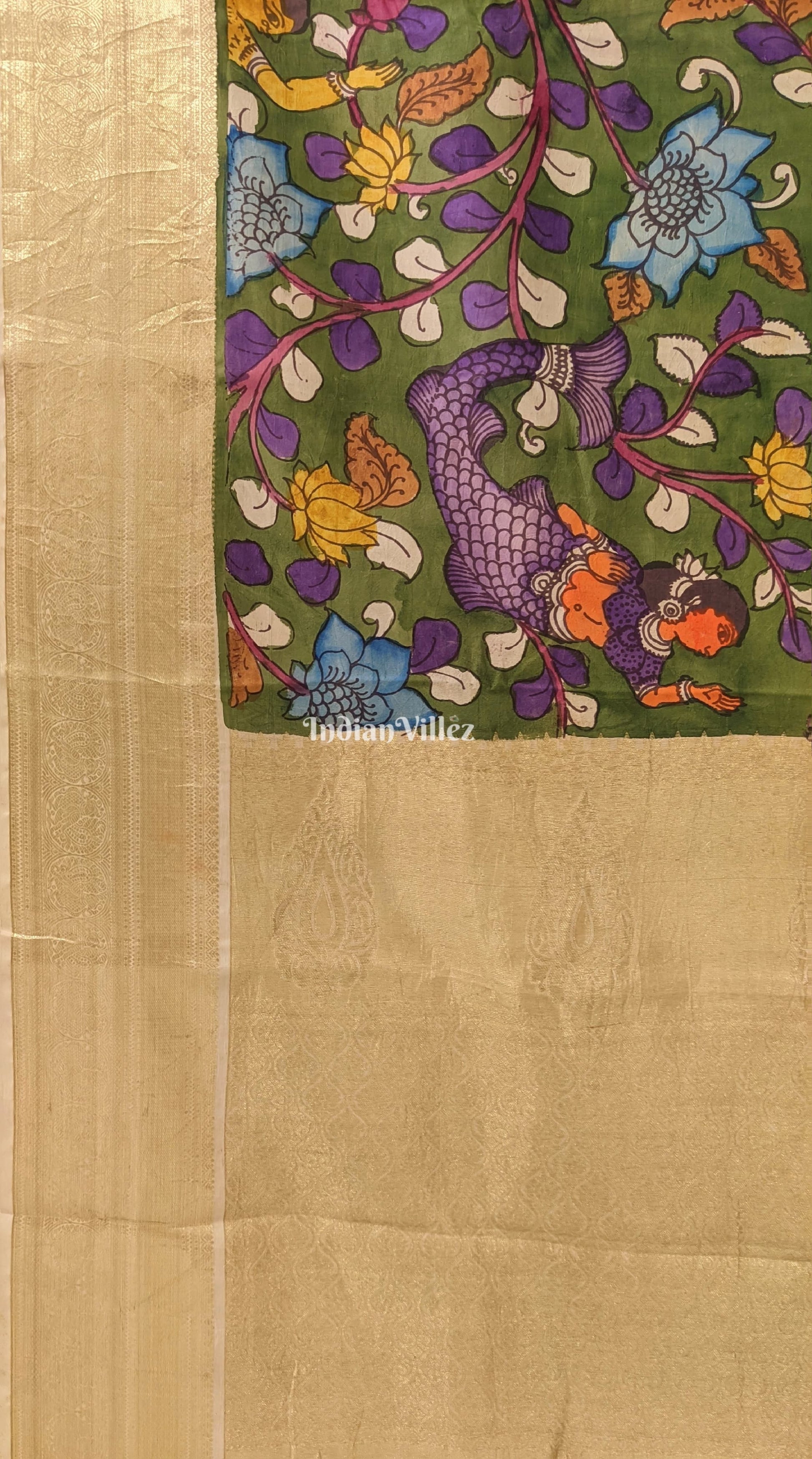 Multicolour Hand Painted Kanjivaram Silk Kalamkari Saree