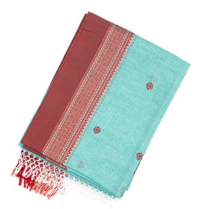 Light Blue Handloom Bengal Cotton Saree With Floral Buttas