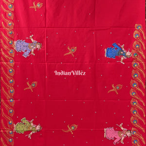 Red Ardha Chandra Krishna Rasa Leela Hand-Painted Pattachitra Saree