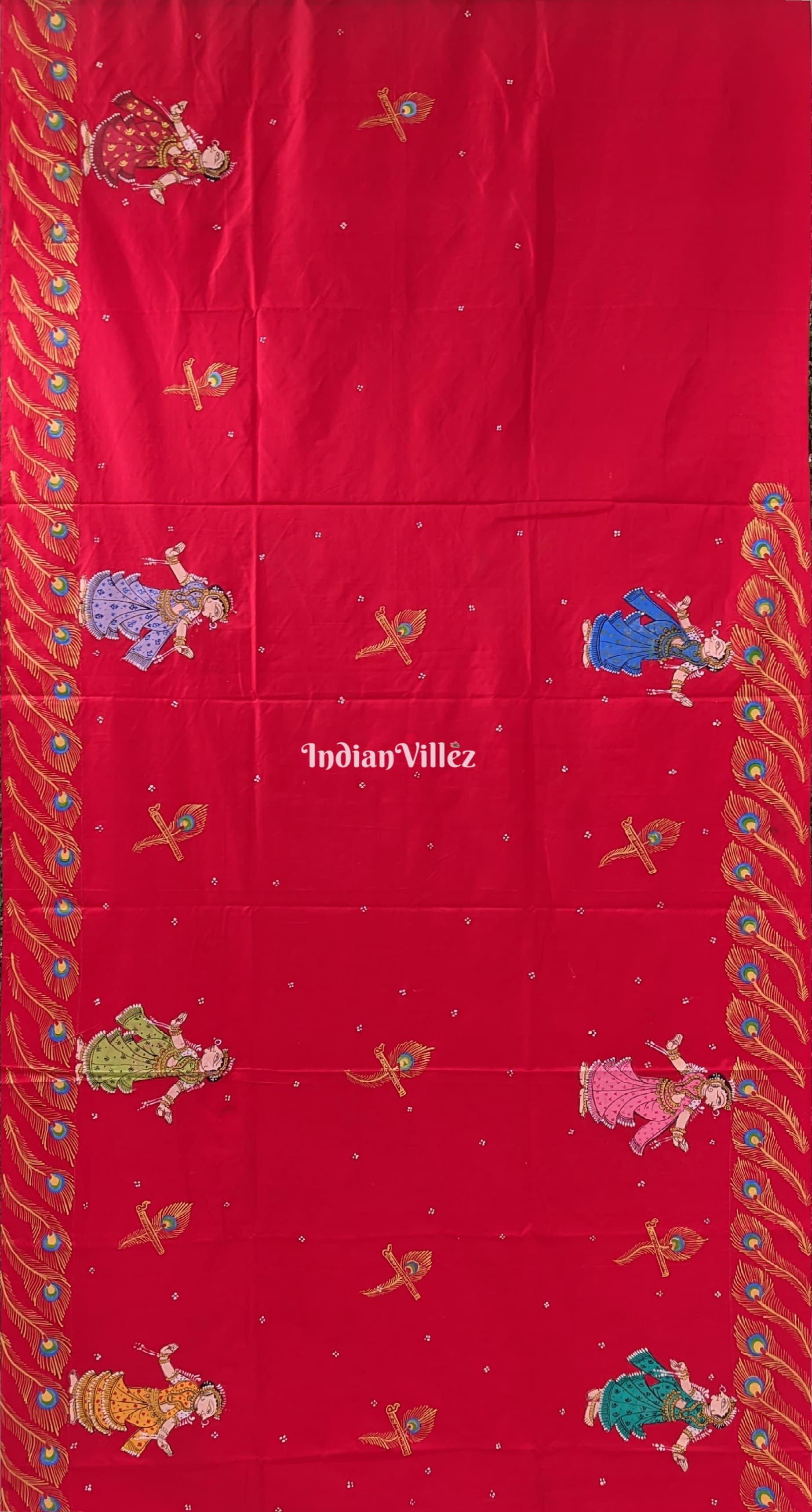 Red Ardha Chandra Krishna Rasa Leela Hand-Painted Pattachitra Saree