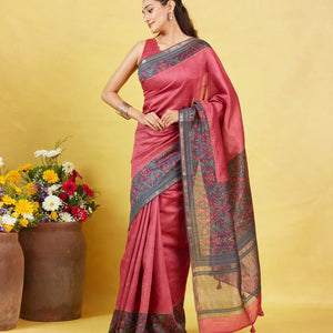 Dark Peach Tussar Silk Saree With Printed Floral Motifs