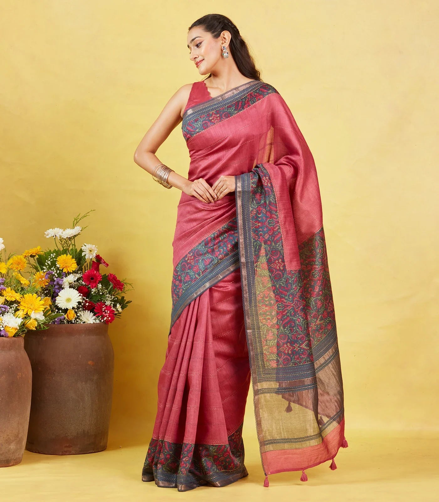 Dark Peach Tussar Silk Saree With Printed Floral Motifs