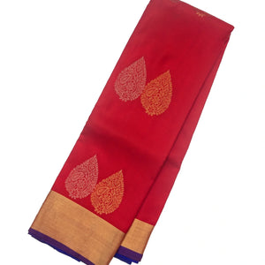 Red Silk Saree With Floral Buttas & Purple Border