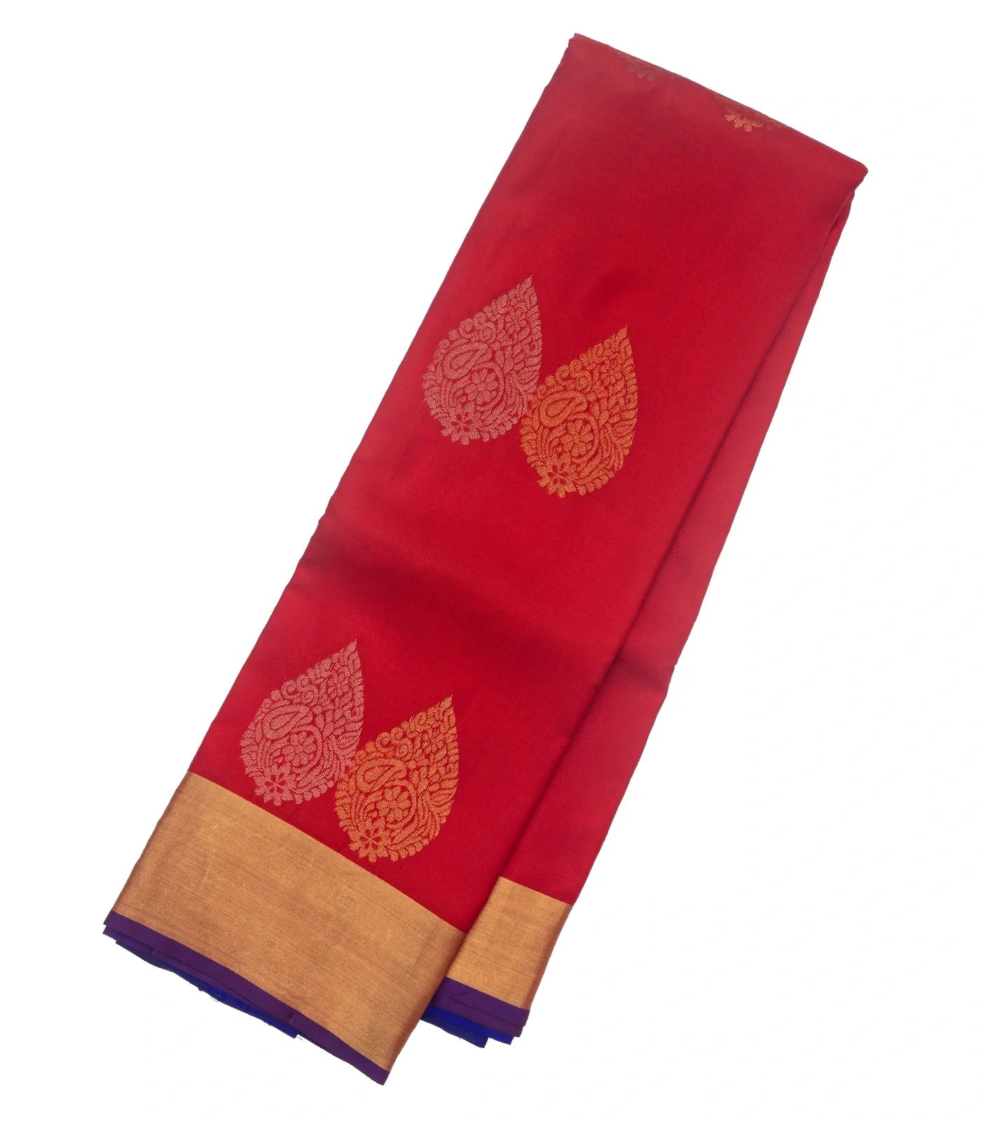 Red Silk Saree With Floral Buttas & Purple Border