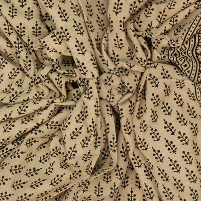 Sandal Woven Jaipur Cotton Saree Printed With Black Floral Motifs