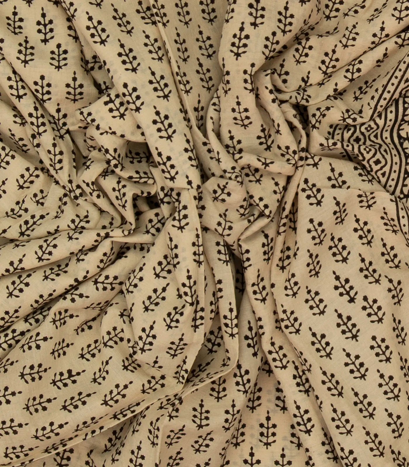 Sandal Woven Jaipur Cotton Saree Printed With Black Floral Motifs